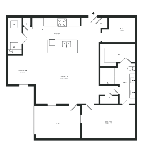 Floor plan for 1 bed, 1 bath, 946 sqft